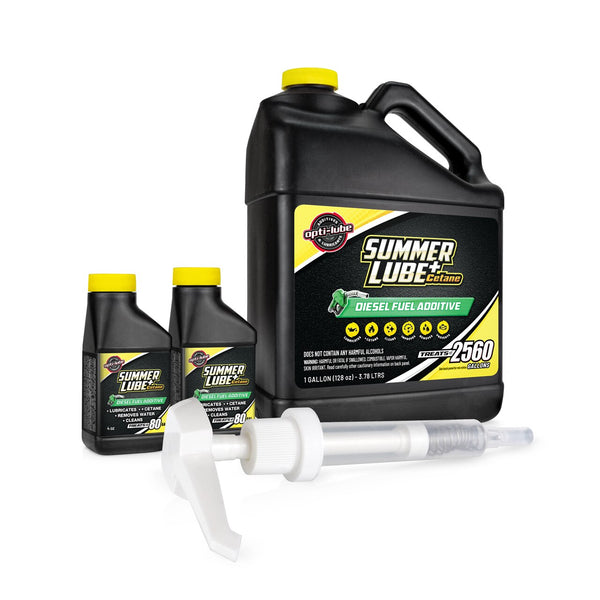 OPTI-LUBE SUMMER LUBE +CETANE DIESEL FUEL ADDITIVE: 1 GALLON WITH ACCESSORIES (1 HAND PUMP AND 2 EMPTY 4OZ BOTTLES) TREATS UP TO 2,560 GALLONS
